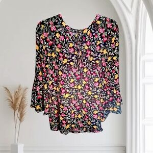 Old Navy Womens Medium Floral Blouse 3/4 Bell Sleeve Front Neck Tie Shirt Top